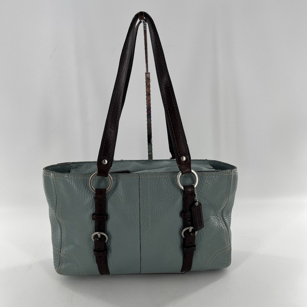 Coach Chelsea Pebbled Leather Satchel Shoulder Purse Tote Blue Bag Brown Straps